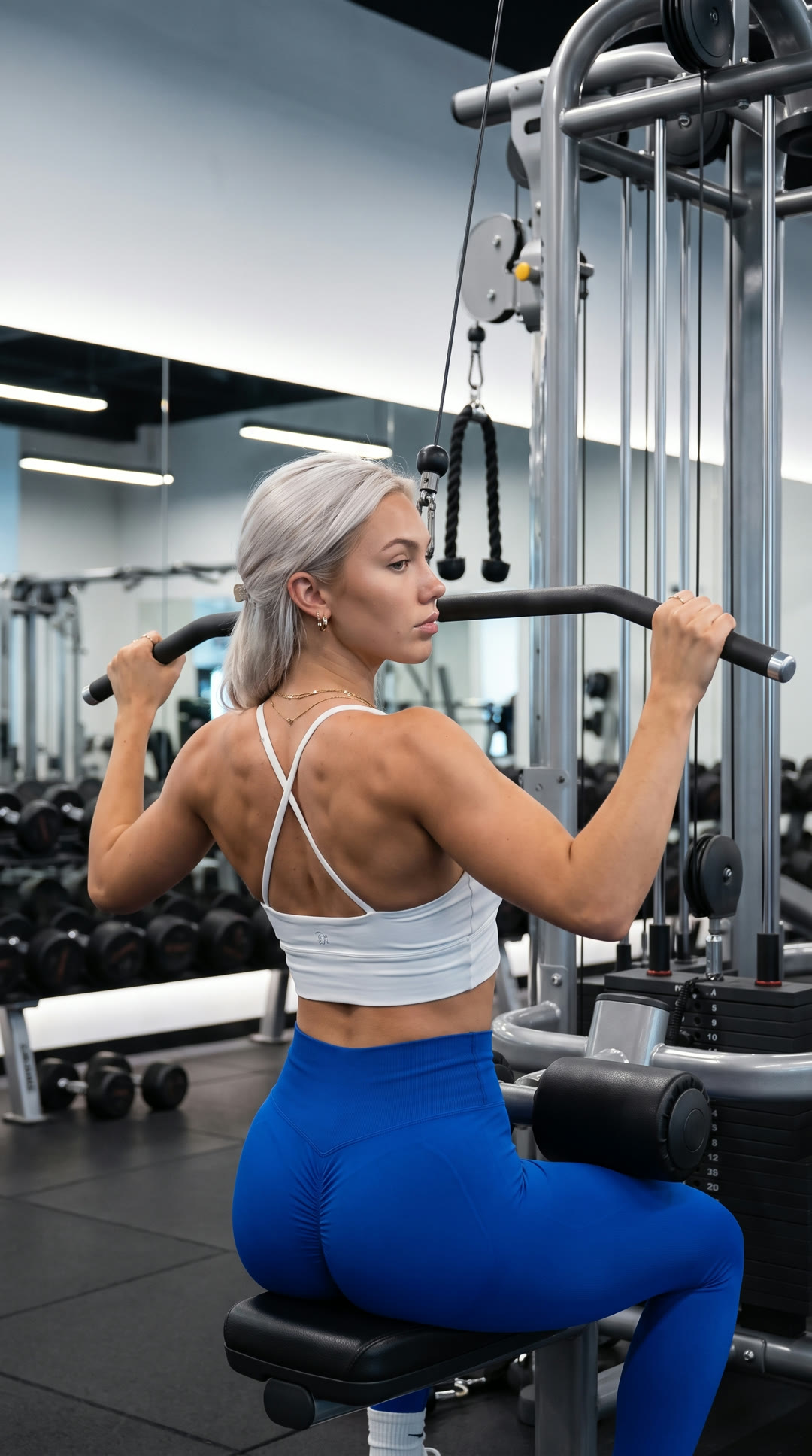 Sofia on the lat pulldown machine, back and shoulders working